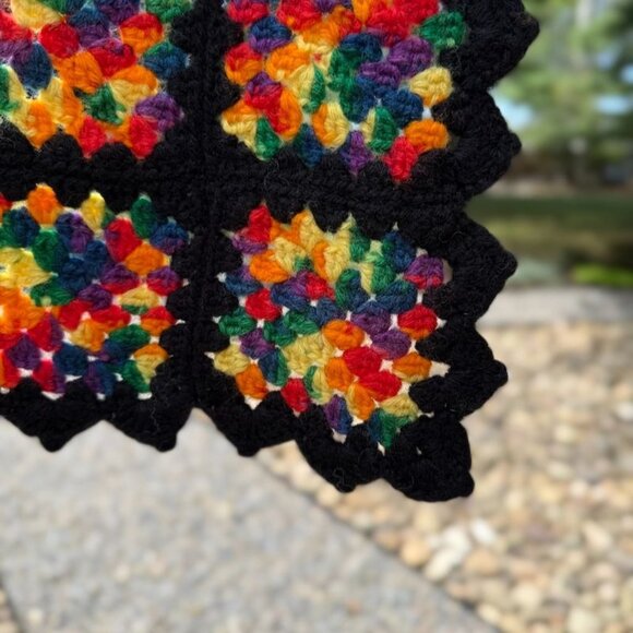 Vintage Black Rainbow Granny Square Afghan Throw 53" X 35" Handmade Crochet - Picture 5 of 10
